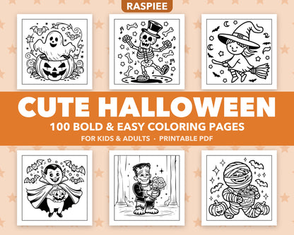 100 Cute Halloween Coloring Pages for Kids and Adults, Bold and Easy Printable PDF