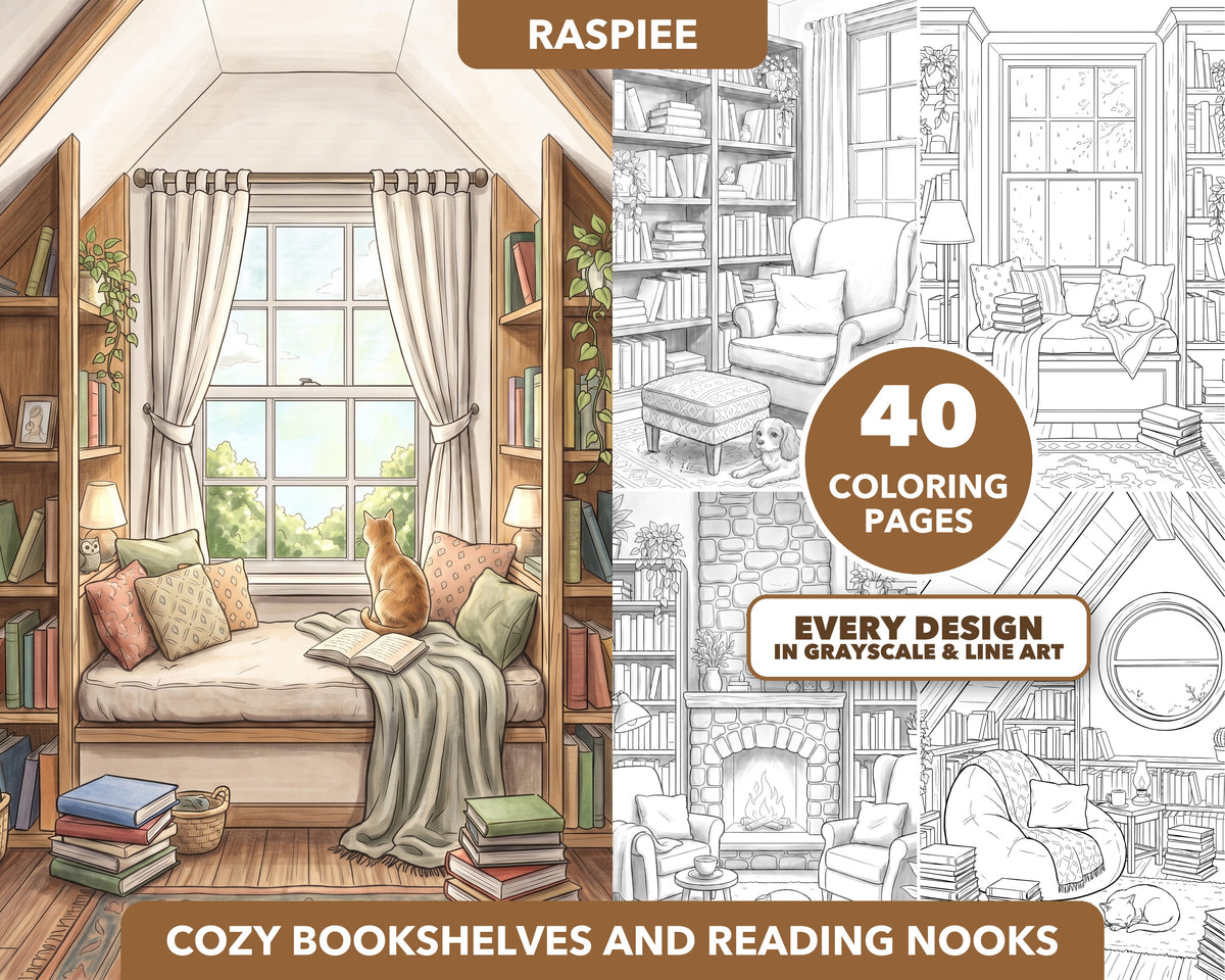 40 Cozy Bookshelves and Reading Nooks Grayscale and Line Art Coloring Pages