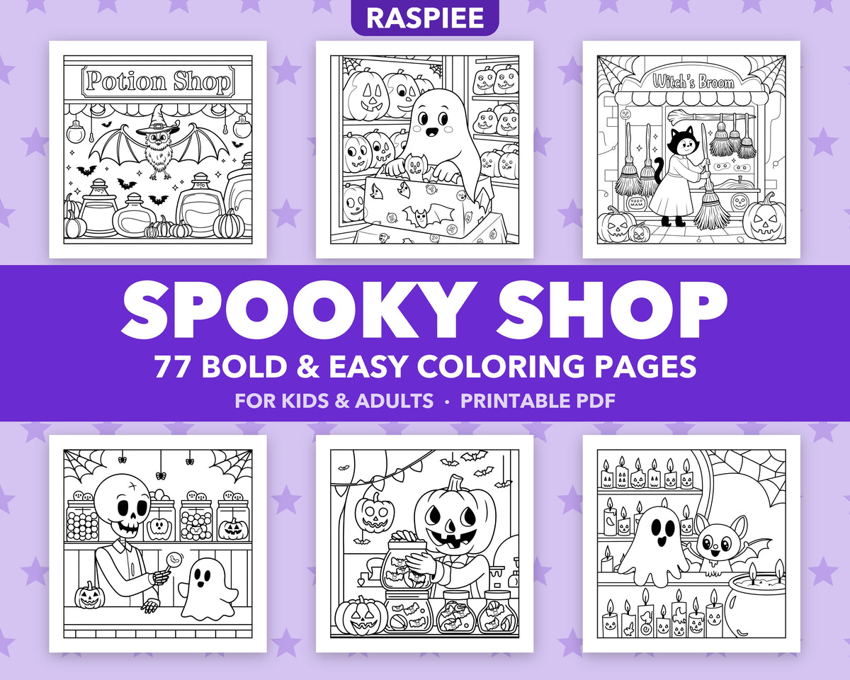 77 Spooky Shop Halloween Coloring Pages for Kids and Adults, Bold and Easy Printable PDF