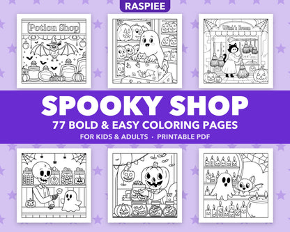 77 Spooky Shop Halloween Coloring Pages for Kids and Adults, Bold and Easy Printable PDF