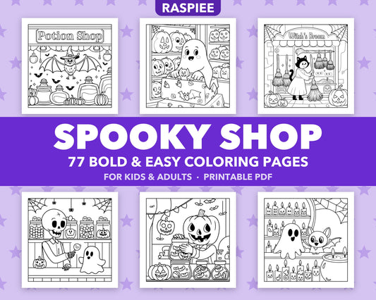 77 Spooky Shop Halloween Coloring Pages for Kids and Adults, Bold and Easy Printable PDF