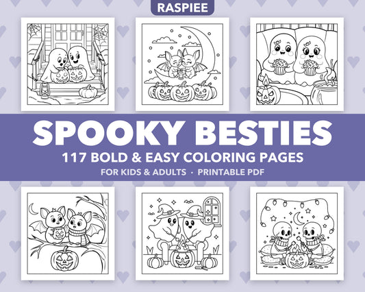 117 Spooky Besties Halloween Coloring Pages for Kids and Adults, Bold and Easy Printable PDF