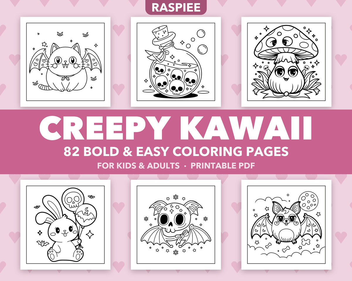 82 Creepy Kawaii Pastel Goth Coloring Pages for Kids and Adults, Bold and Easy Printable PDF