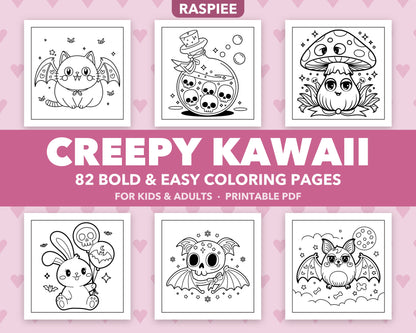 82 Creepy Kawaii Pastel Goth Coloring Pages for Kids and Adults, Bold and Easy Printable PDF