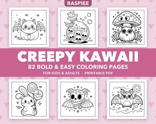 82 Creepy Kawaii Pastel Goth Coloring Pages for Kids and Adults, Bold and Easy Printable PDF