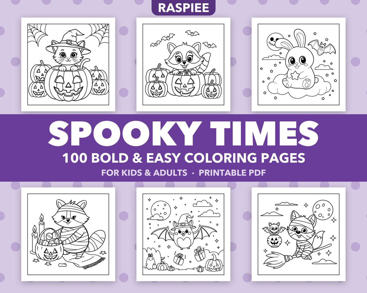 100 Spooky Times Halloween Animal Coloring Pages for Kids and Adults, Bold and Easy Printable PDF