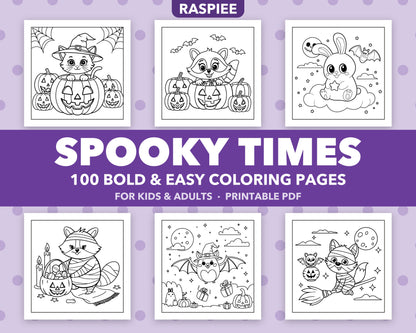 100 Spooky Times Halloween Animal Coloring Pages for Kids and Adults, Bold and Easy Printable PDF