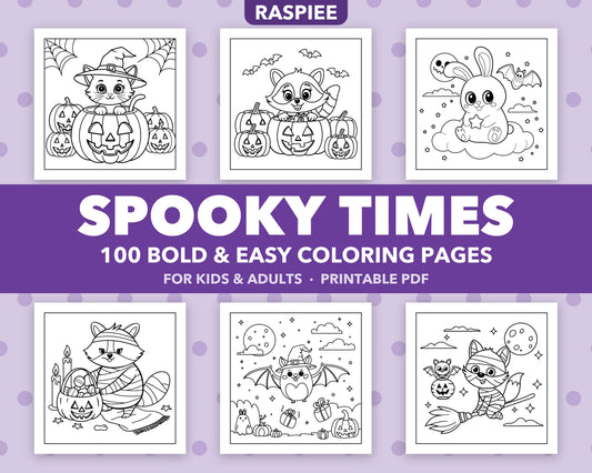 100 Spooky Times Halloween Animal Coloring Pages for Kids and Adults, Bold and Easy Printable PDF
