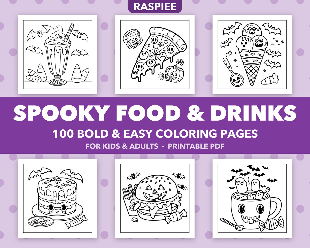 100 Spooky Food and Drinks Halloween Coloring Pages for Kids and Adults, Bold and Easy Printable PDF