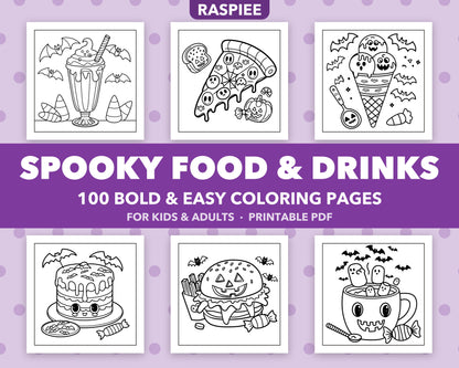 100 Spooky Food and Drinks Halloween Coloring Pages for Kids and Adults, Bold and Easy Printable PDF