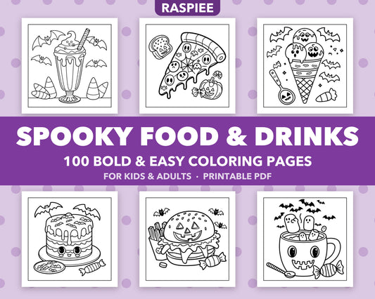 100 Spooky Food and Drinks Halloween Coloring Pages for Kids and Adults, Bold and Easy Printable PDF