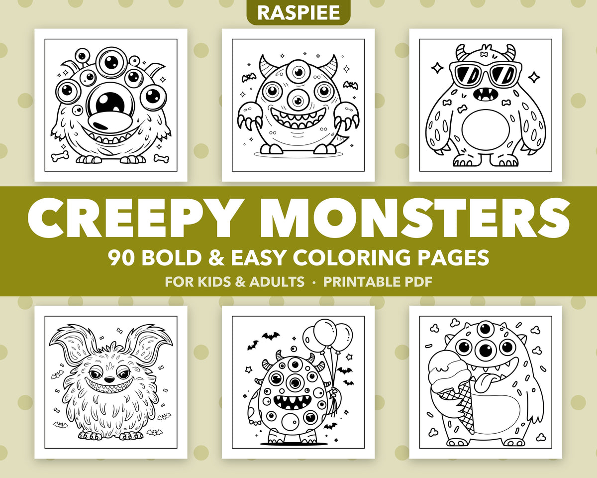 90 Creepy Monster Coloring Pages for Kids and Adults, Bold and Easy Printable PDF
