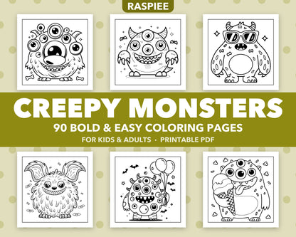 90 Creepy Monster Coloring Pages for Kids and Adults, Bold and Easy Printable PDF