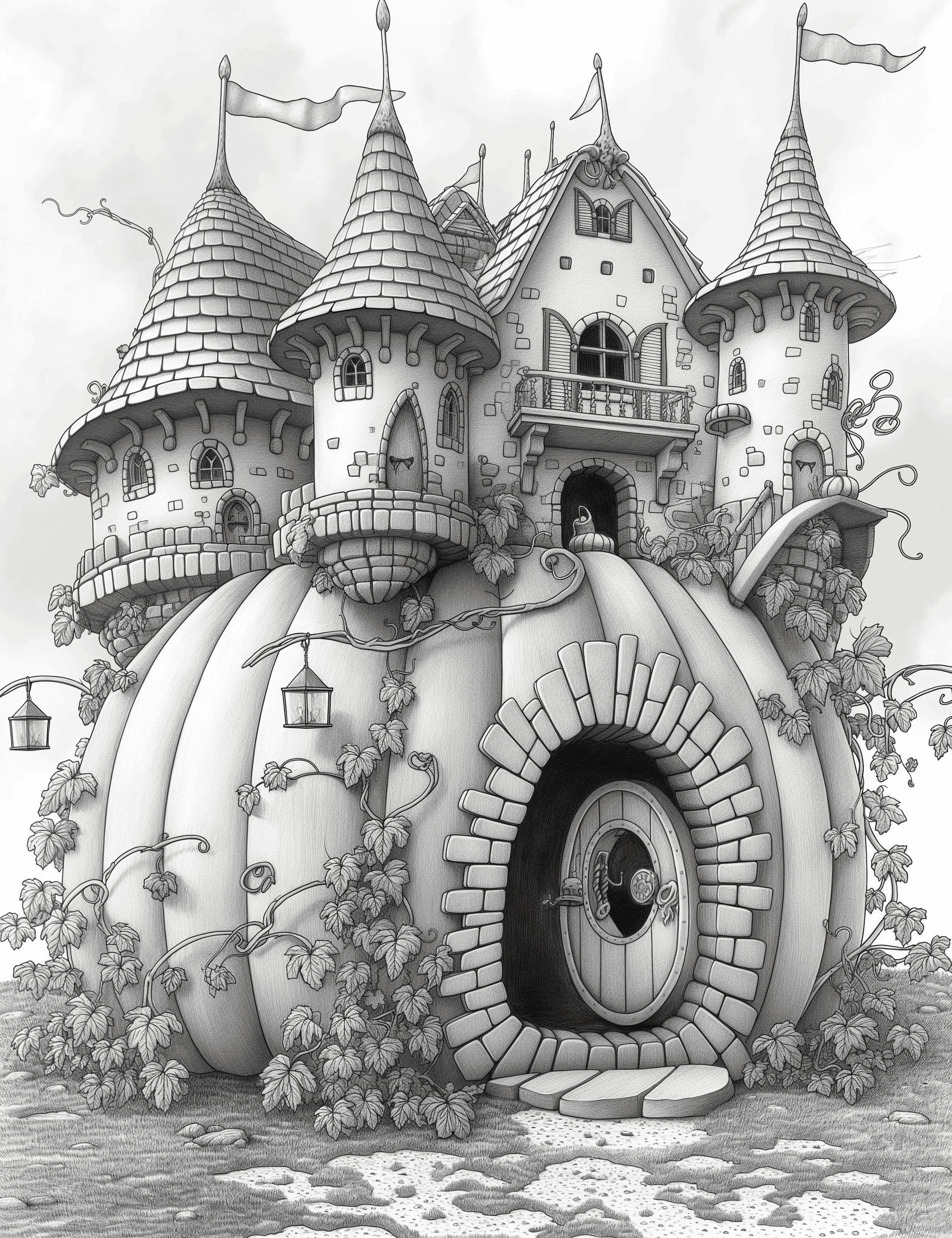 Free Giant Pumpkin Castle Grayscale Adult Coloring Pages, Printable PD – RASPIEE free-giant-pumpkin-castle-grayscale-adult-coloring-pages-printable-pd-raspiee