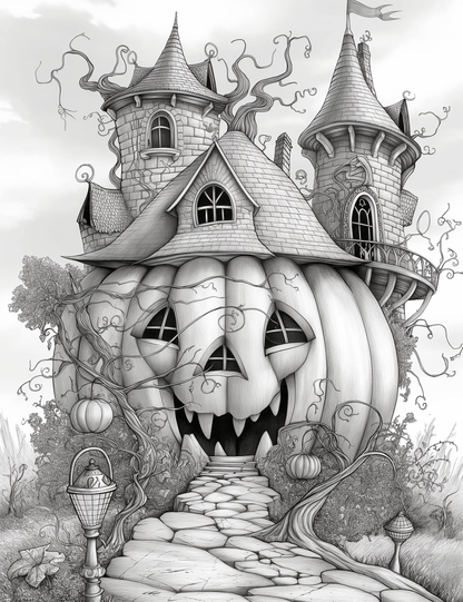 Free Giant Pumpkin Castle Grayscale Adult Coloring Pages
