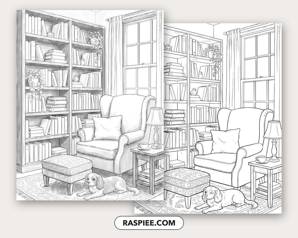 40 Cozy Bookshelves and Reading Nooks Grayscale and Line Art Coloring Pages