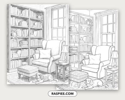 40 Cozy Bookshelves and Reading Nooks Grayscale and Line Art Coloring Pages