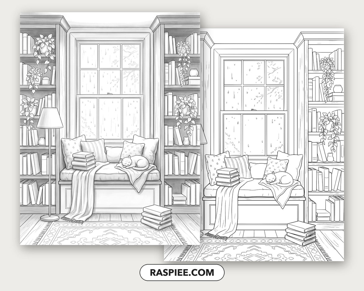 40 Cozy Bookshelves and Reading Nooks Grayscale and Line Art Coloring Pages