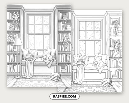 40 Cozy Bookshelves and Reading Nooks Grayscale and Line Art Coloring Pages