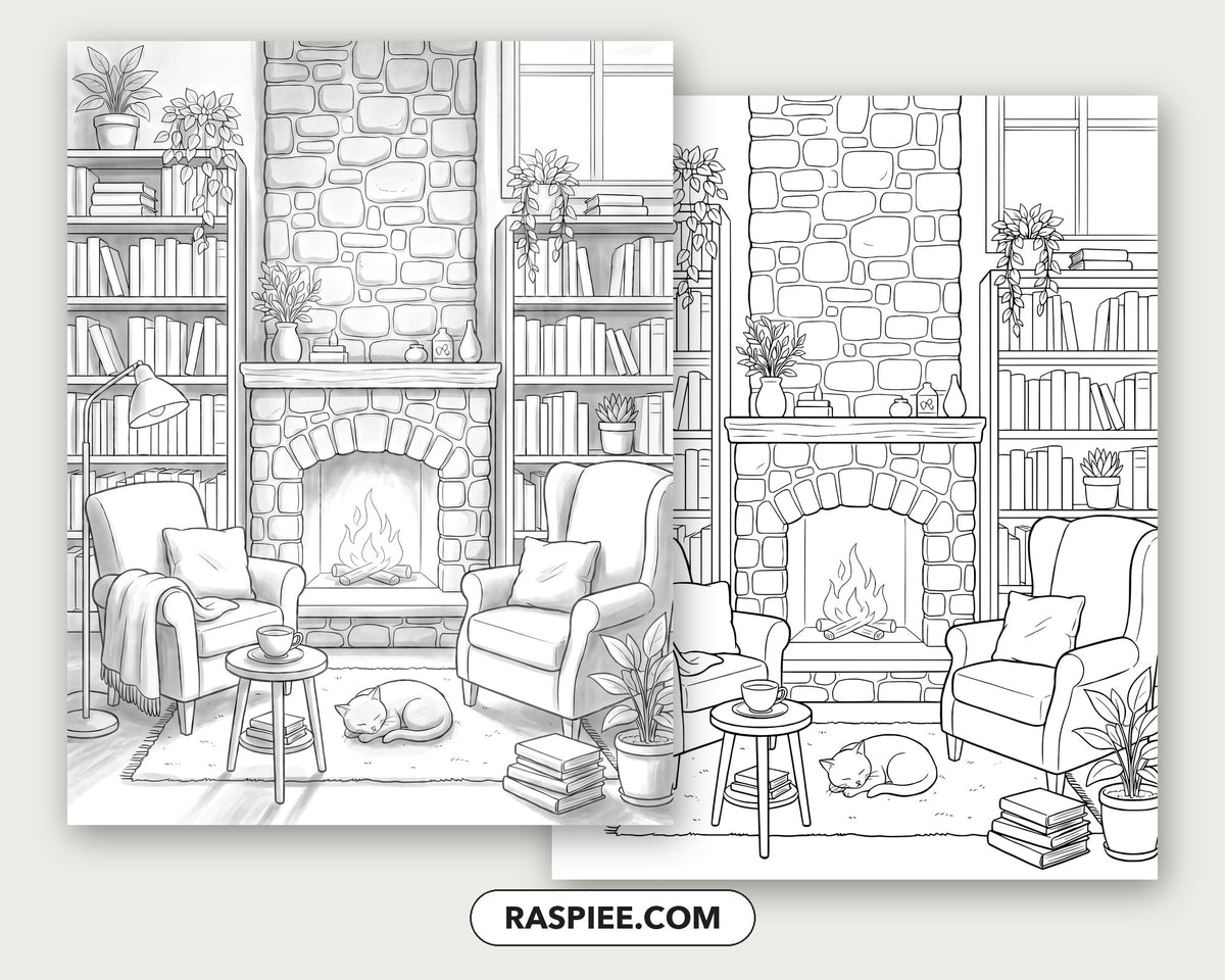 40 Cozy Bookshelves and Reading Nooks Grayscale and Line Art Coloring Pages