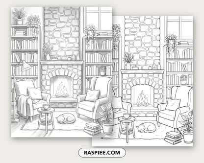 40 Cozy Bookshelves and Reading Nooks Grayscale and Line Art Coloring Pages