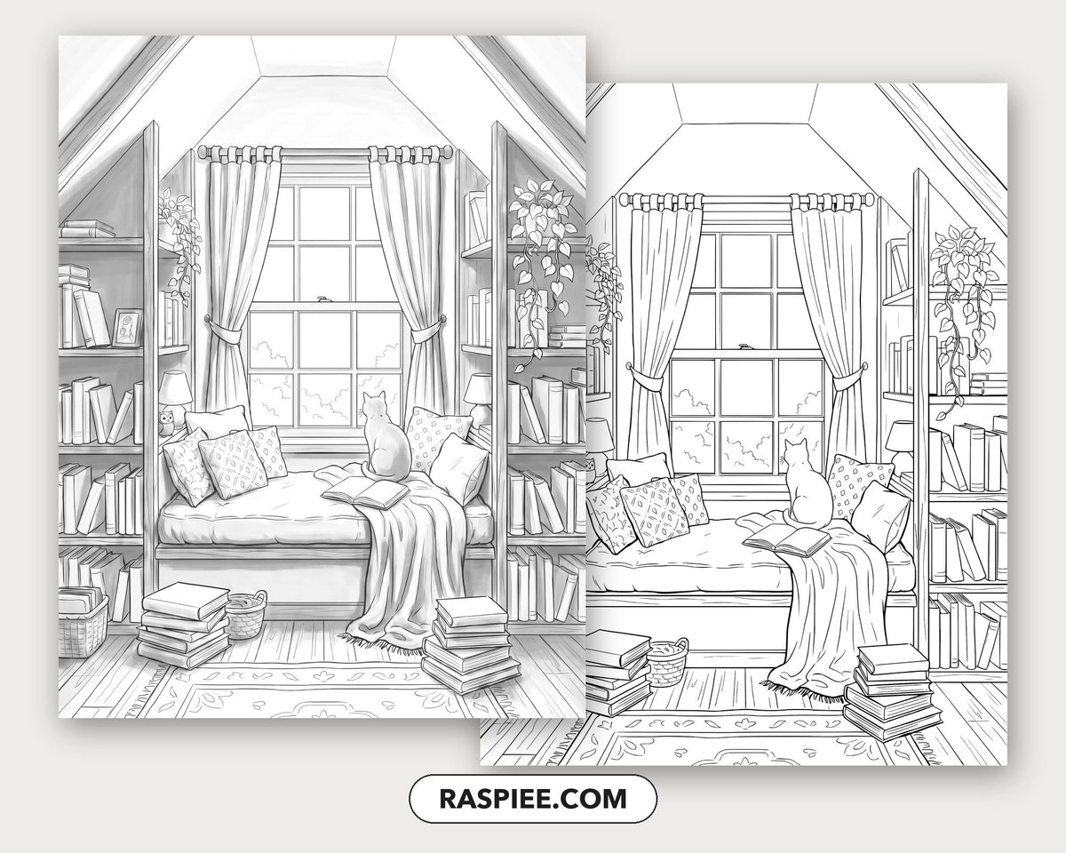 40 Cozy Bookshelves and Reading Nooks Grayscale and Line Art Coloring Pages