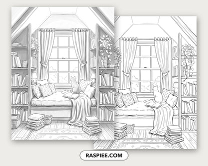 40 Cozy Bookshelves and Reading Nooks Grayscale and Line Art Coloring Pages