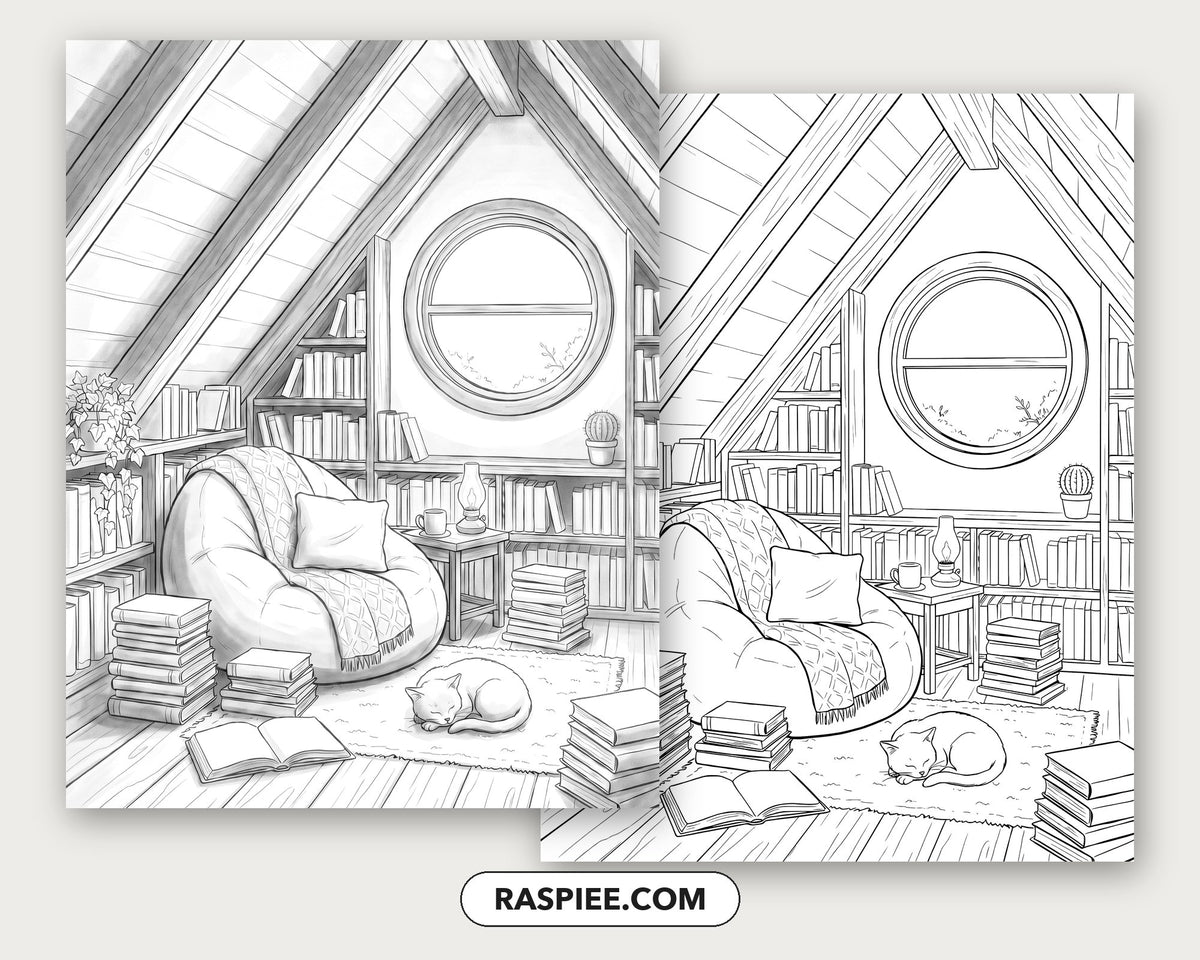 40 Cozy Bookshelves and Reading Nooks Grayscale and Line Art Coloring Pages
