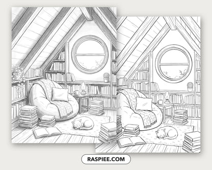 40 Cozy Bookshelves and Reading Nooks Grayscale and Line Art Coloring Pages