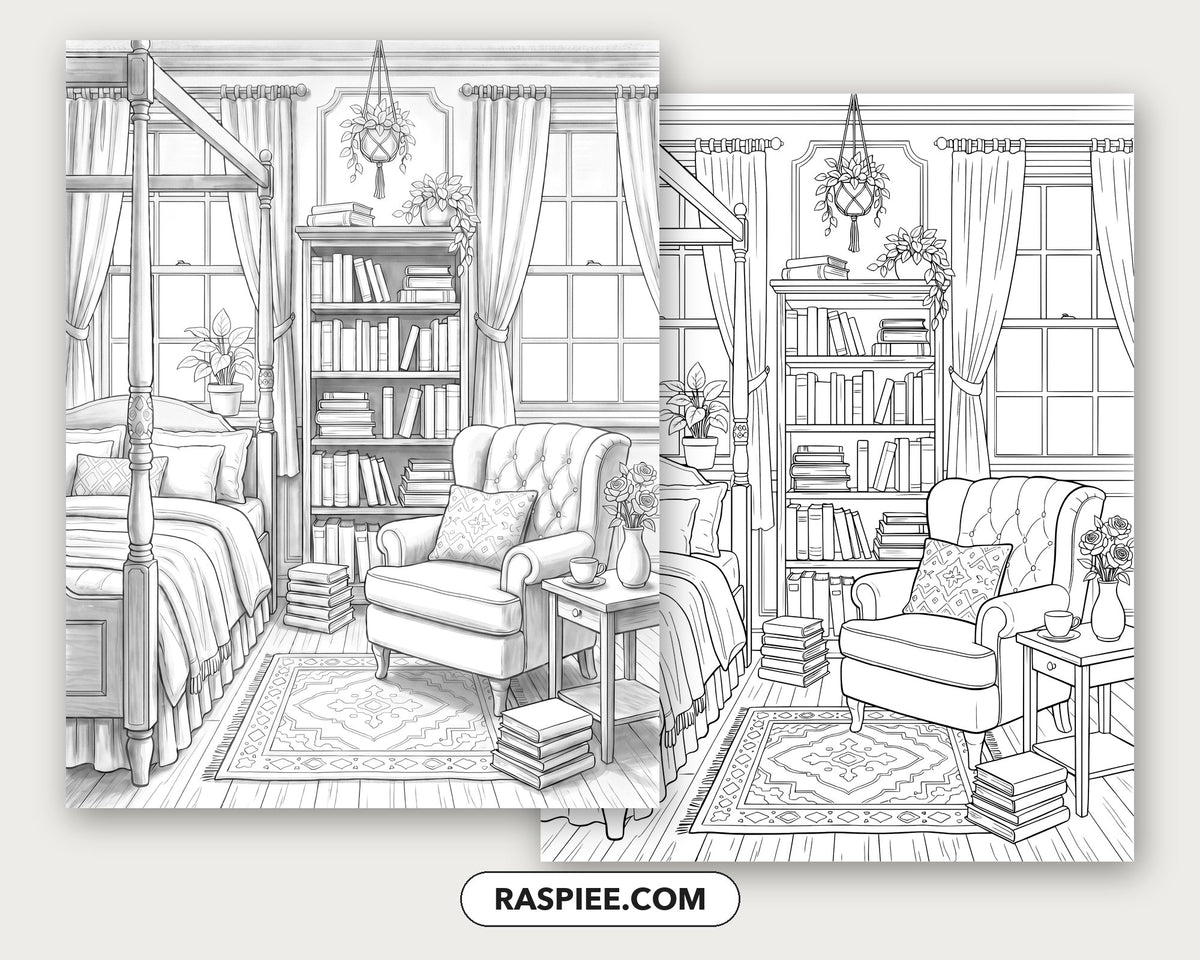40 Cozy Bookshelves and Reading Nooks Grayscale and Line Art Coloring Pages