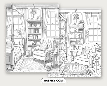 40 Cozy Bookshelves and Reading Nooks Grayscale and Line Art Coloring Pages