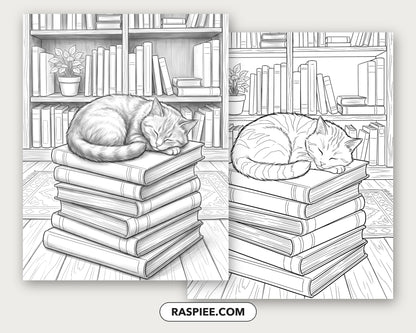 40 Cozy Bookshelves and Reading Nooks Grayscale and Line Art Coloring Pages