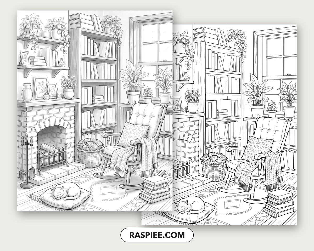 40 Cozy Bookshelves and Reading Nooks Grayscale and Line Art Coloring Pages