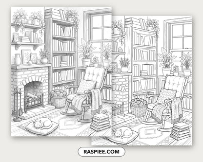 40 Cozy Bookshelves and Reading Nooks Grayscale and Line Art Coloring Pages
