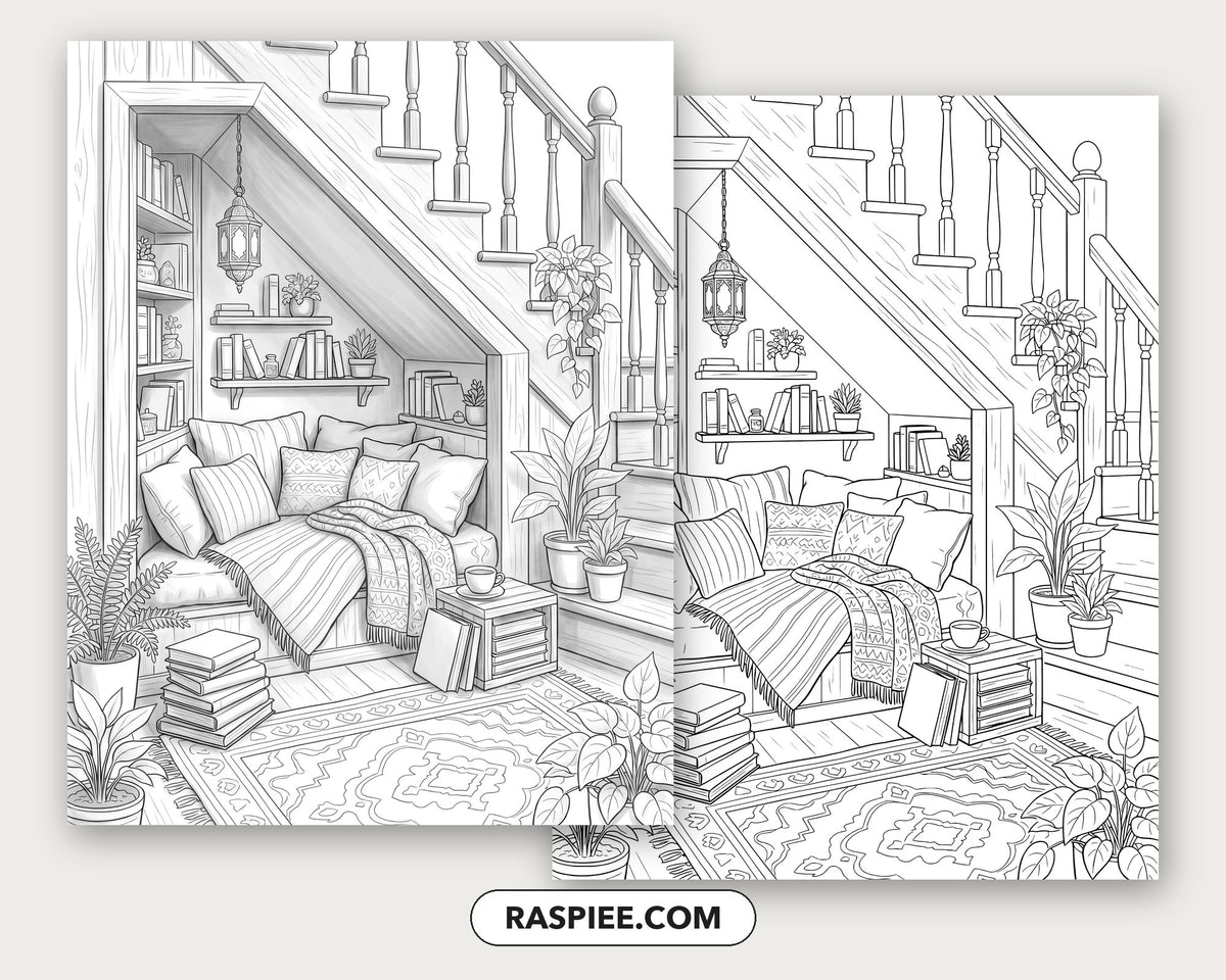 40 Cozy Bookshelves and Reading Nooks Grayscale and Line Art Coloring Pages