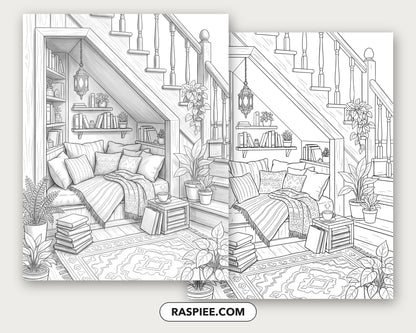 40 Cozy Bookshelves and Reading Nooks Grayscale and Line Art Coloring Pages