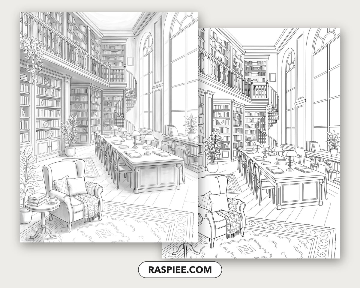 40 Cozy Bookshelves and Reading Nooks Grayscale and Line Art Coloring Pages