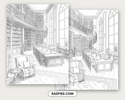 40 Cozy Bookshelves and Reading Nooks Grayscale and Line Art Coloring Pages