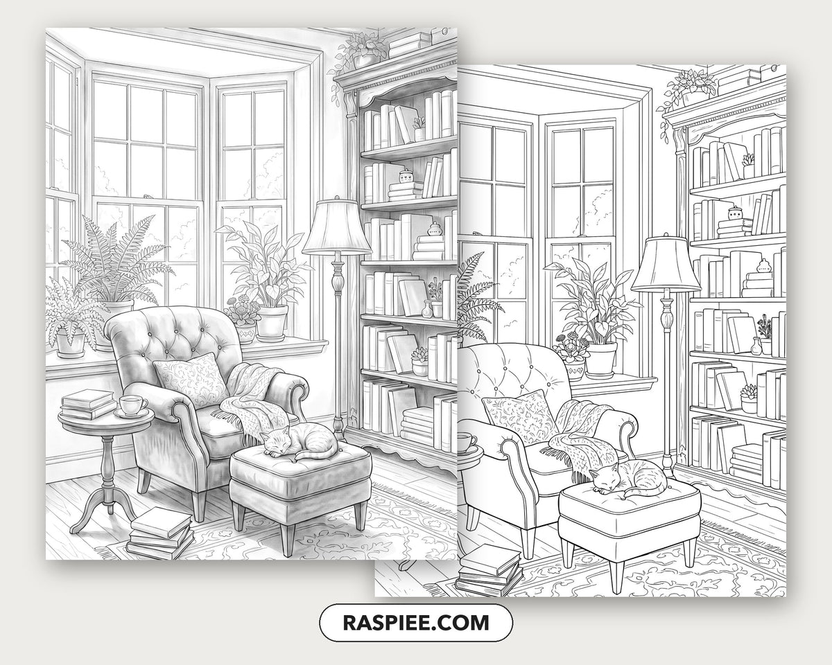 40 Cozy Bookshelves and Reading Nooks Grayscale and Line Art Coloring Pages