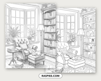 40 Cozy Bookshelves and Reading Nooks Grayscale and Line Art Coloring Pages