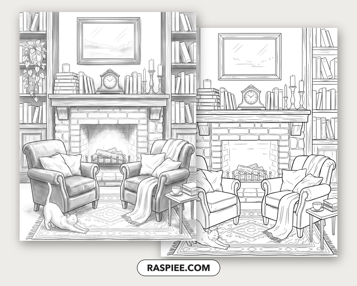 40 Cozy Bookshelves and Reading Nooks Grayscale and Line Art Coloring Pages