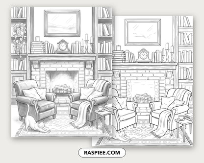 40 Cozy Bookshelves and Reading Nooks Grayscale and Line Art Coloring Pages