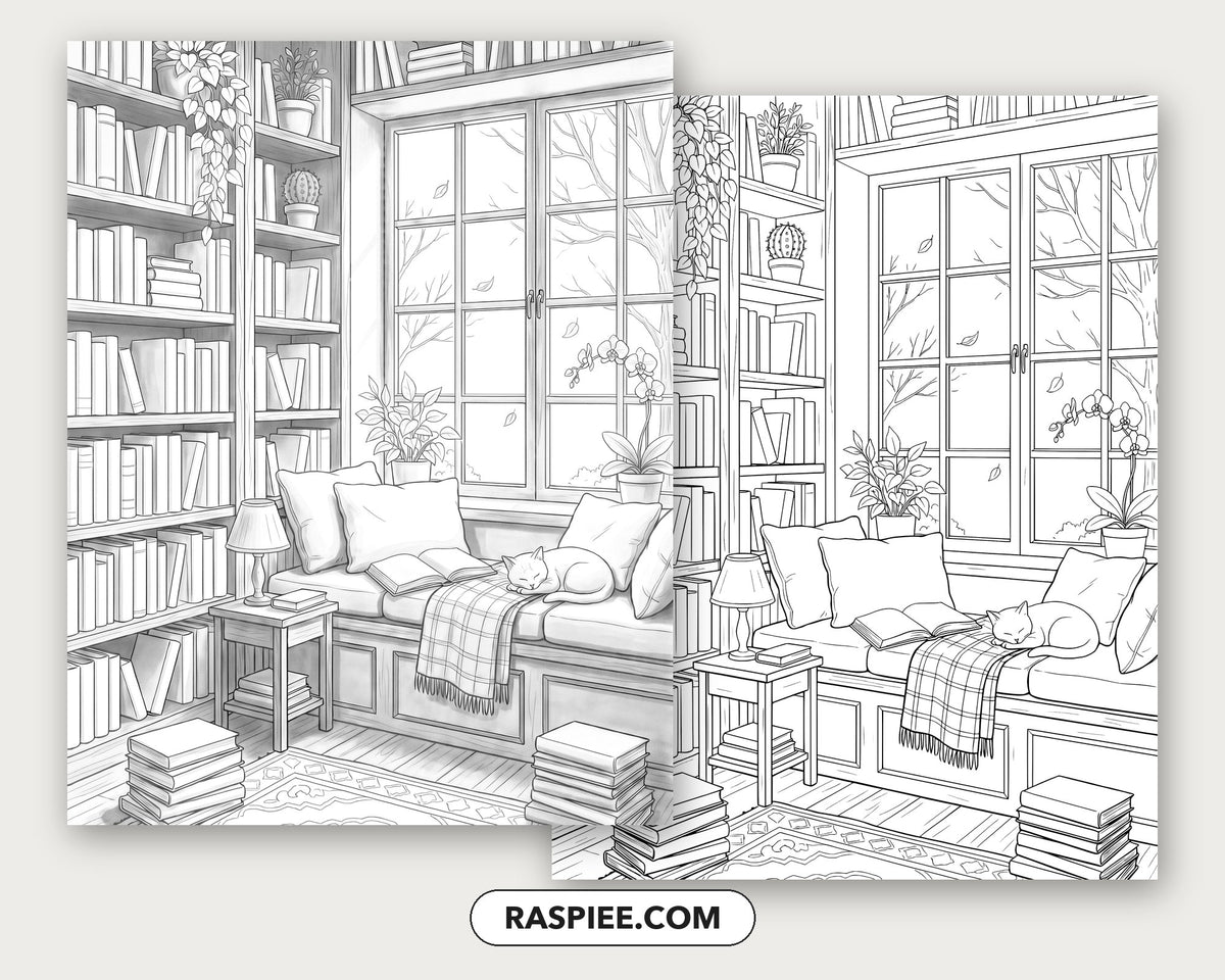 40 Cozy Bookshelves and Reading Nooks Grayscale and Line Art Coloring Pages