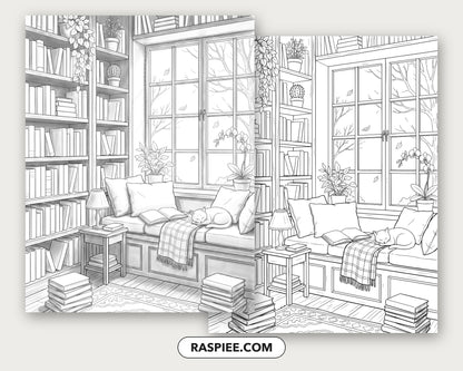 40 Cozy Bookshelves and Reading Nooks Grayscale and Line Art Coloring Pages