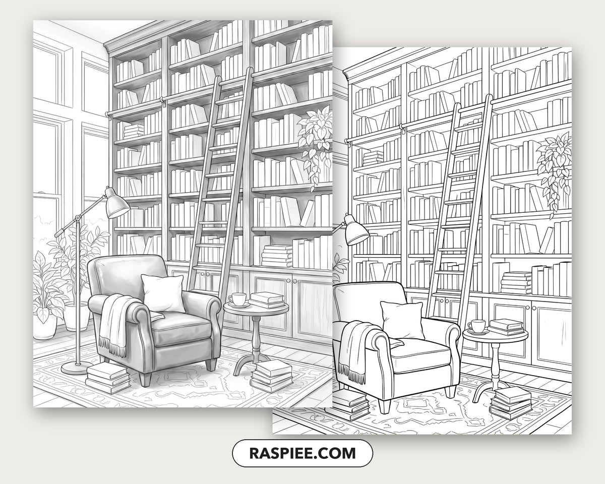 40 Cozy Bookshelves and Reading Nooks Grayscale and Line Art Coloring Pages