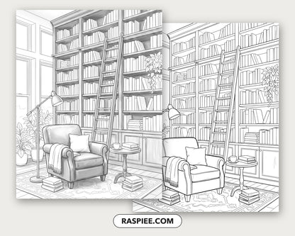 40 Cozy Bookshelves and Reading Nooks Grayscale and Line Art Coloring Pages