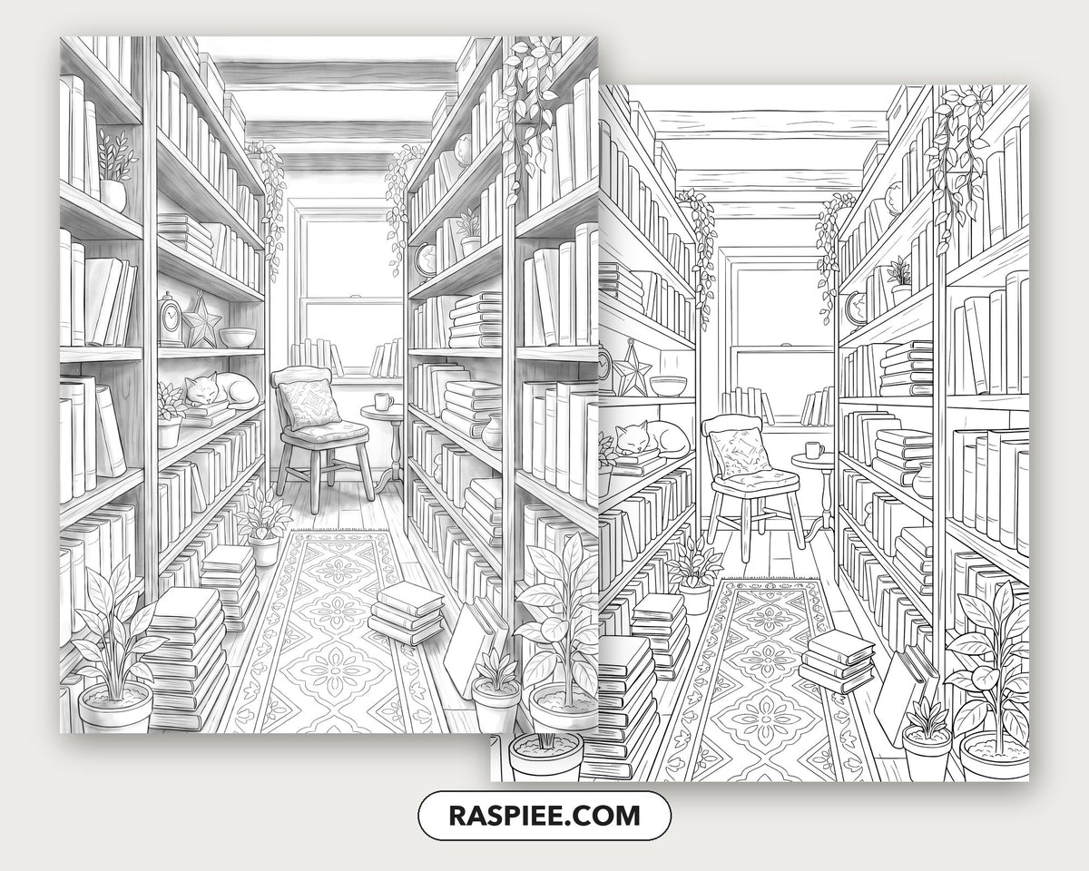 40 Cozy Bookshelves and Reading Nooks Grayscale and Line Art Coloring Pages