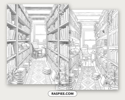 40 Cozy Bookshelves and Reading Nooks Grayscale and Line Art Coloring Pages