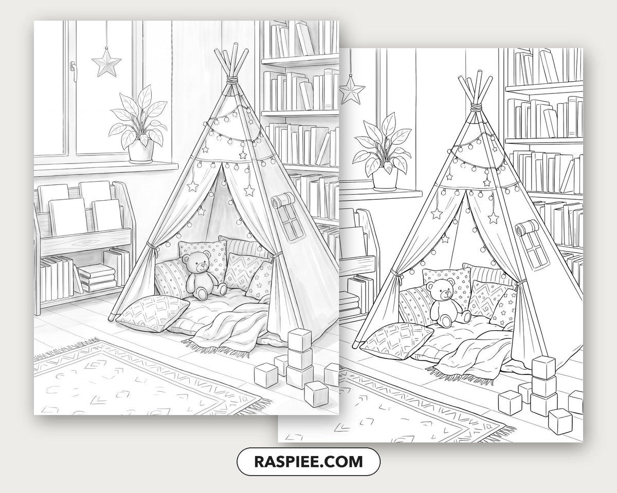 40 Cozy Bookshelves and Reading Nooks Grayscale and Line Art Coloring Pages
