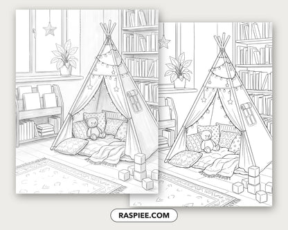 40 Cozy Bookshelves and Reading Nooks Grayscale and Line Art Coloring Pages